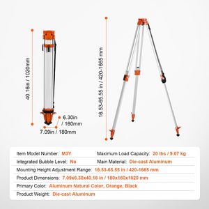 Treppiede per Rilevamenti Professionali da 16.53-65.55 Pollici con Attacco Filettato 5/8"-11, Livella Laser, Altezza Regolabile, Costruzione di Alta Qualità - Product Image 3