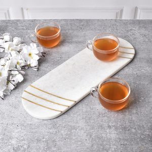 Luxury White Marble Oval Decorative Tray with Gold Inlay Accents for <b>Coffee</b> <b>Table</b>, Vanity Organizer and Home Decor Display - Product Image 6