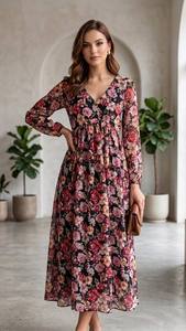 Vestido Midi Alfino de Chifón con Diseño Único y Elegante, con Tela de Chifón Fluida para la Moda de Verano y Vacaciones, Disponible para la Venta - Product Image 4