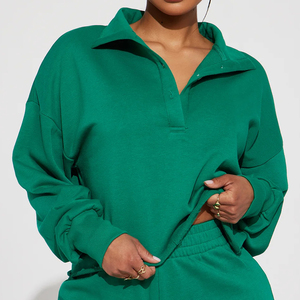 Conjunto de sudadera y pantalones cortos de punto de 2 piezas para mujer, color verde, cuello vuelto, corte holgado, informal, para primavera y verano - Product Image 5