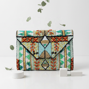 Handmade Lightweight Beaded Clutch Bag Rectangular <b>Envelope</b> Purse Ethnic Geometric Pattern Handbag Needlework Detachable Chain - Product Image 1