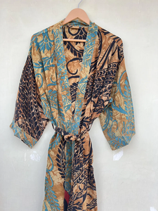 Bata de seda vintage marrón Kimono hecho a mano con cinturón Kimono de seda para mujer - Product Image 5