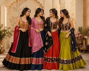 <b>Women</b> <b>Lehenga</b> Choli Set Pure Cotton Embroidered Reversible Festive Outfit Wedding and Diwali Wear - Product Image 1