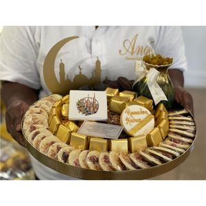 Luxury Gold Hammered Metal Round Serving Tray Decorative Christmas Chocolate Gift Box Organizer With Compartments And <b>Red</b> <b>Ribbon</b> - Product Image 5