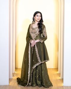 French Crep Silk Embroidered Salwar Kameez Sharara Dupatta Set <b>Mehndi</b> Green Color Women Party Wear Ethnic Festive <b>Outfit</b> - Product Image 6