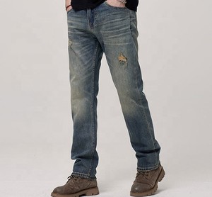 Men's Straight Leg Distressed Denim <b>Jeans</b> Mid Waist Cotton Ripped Casual Autumn Style Regular Fit Stonewashed Blue - Product Image 3