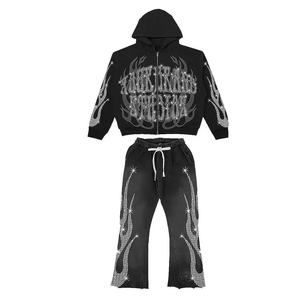 Ensemble de survêtement délavé pour homme, sweat à capuche épais et pantalon de jogging brodé, style streetwear vintage, mode décontractée, deux pièces - Product Image 1