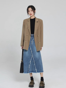 Jupe longue en jean esthétique pour femme, style décontracté, avec ceinture, coupe crayon, tricotée, couleur délavée, pour les fêtes printemps-été - Product Image 2