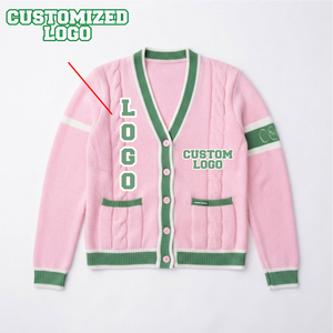 Cardigan en tricot respirant à motif torsadé en coton, style preppy, avec lettres AK, vert et rose, pour femmes, vêtements grecs, vente en gros - Product Image 1