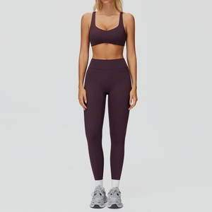 Conjunto de Leggings y Sujetador Deportivo Morado para Mujer, Espalda Cruzada, Cuello Redondo, Soporte Medio, Yoga, Sin Costuras, Transpirable, Spandex, Poliéster - Product Image 1