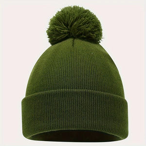 Bonnet en tricot unisexe en acrylique avec pompon, bord côtelé, chaud pour l'hiver, couleur unie pour adultes - Product Image 5