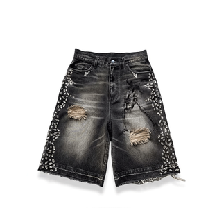 2026 New Custom 100% Cotton Double Knee Distressed Vintage Acid Wash Baggy Rhinestone Jorts Denim <b>Jeans</b> Shorts for <b>Men</b> - Product Image 1