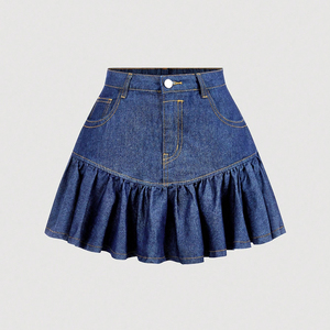 Empire Waist Women's <b>Denim</b> A-Line <b>Knee</b>-<b>Length</b> <b>Skirt</b> with Ruffles Solid Color Casual Breathable Summer Woven Fabric - Product Image 1