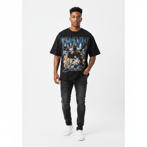 Camiseta Negra Extra Grande para Hombre Travis Scott, Manga Corta, Cuello Redondo, Estilo Urbano, Estampado Fotográfico, Tela Jersey - Product Image 2