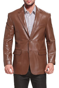 <b>Men's</b> <b>Brown</b> Leather <b>Blazer</b> Slim Fit Single Breasted Turn-down Collar Smart Casual Autumn Wear Solid Color Regular Sleeve - Product Image 4