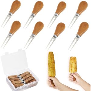 Set di 8 Pezzi (4 Paia) di Supporti per Pannocchie con Grande Manico in Legno e Forchette in Acciaio Inossidabile, Ottima Presa, Set di Spiedini per Barbecue - Product Image 1