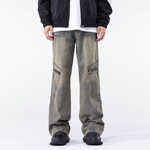 Pantalones Cargo de Mezclilla Lavada para Hombre, Corte Recto, Múltiples Bolsillos, Cintura Elástica, Estilo Workwear, para Otoño, Lona de Peso Medio - Product Image 1