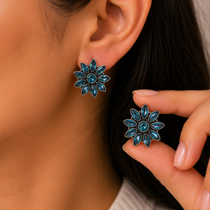 Fast Shipping Brass Ethnic Oxidized Silver Zircon Flower <b>Blue</b> Stone Bezel Setting Statement <b>Stud</b> <b>Earrings</b> Factory Supply - Product Image 2