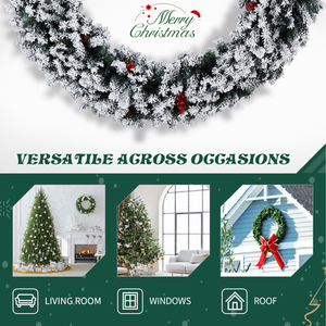 60in Pre-Lit Snow Flocked Christmas Wreath with 220 Warm White Lights 600 PVC Tips DIY Artificial Xmas Wreath - Product Image 2