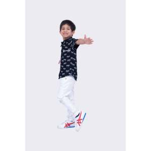 Boys Casual Cotton Poplin <b>Shirt</b>-Black <b>Half</b> Sleeves with Zebra Print - Product Image 3