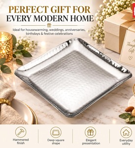 Stainless Steel Square Hammered Finish Deep Serving Tray Premium Multipurpose Platter <b>Plate</b> for <b>Snacks</b> Starters BBQ Parties - Product Image 5