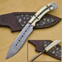 Couteau de chasse à lame fixe en acier Damas forgé à la main, pleine longueur de lame, pour survie en extérieur, pointe tombante, bord dentelé, DIY OEM