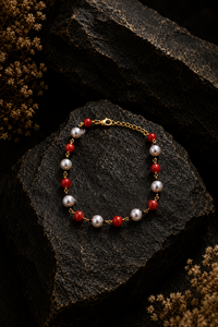 Brass Coral Pearl Stackable Beaded Bracelet | Gold Tone Layering Chain Bracelet - Product Image 4