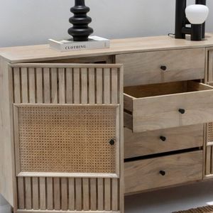 Modern Wooden <b>Sideboard</b> Cabinet Brown Side <b>Storage</b> Console with Canopy Drawer Fluted Door Rattan Insert for Living Room - Product Image 2