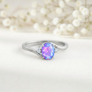 Minimalist Oval Lavender Fire <b>Opal</b> <b>Ring</b> October Birthstone <b>Ring</b> 925 Sterling Silver 18K <b>Gold</b> Filled Natural Gemstone Jewelry - Product Image 2