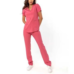 Unisex V-Neck <b>Scrub</b> <b>Tops</b> Pink Polyester Worsted Fabric Hospital Uniforms Needle Detection Ready to Ship - Product Image 4