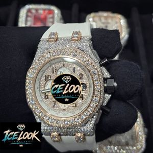 ICELOOK นาฬิกาควอทซ์สุดหรูสำหรับผู้ชาย 42 มม. ประดับเพชรอะนาล็อกโครโนกราฟสายซิลิโคนสีขาวทาคีมิเตอร์คริสตัลแซฟไฟร์ - Product Image 3
