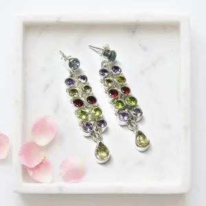 Pendientes Colgantes de Plata de Ley 925 con Piedras Preciosas Multicolores, Amatista, Granate, Peridoto, Citrino, Joyería Hecha a Mano, Venta al por Mayor - Product Image 2