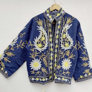 Indian Women's Breathable Reversible Quilted <b>Velvet</b> <b>Jacket</b> with Floral Embroidery 100% Cotton Suzani Party Wear - Product Image 3