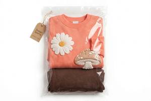 Ensemble 2 pièces pour femme : Sweat-shirt col en V corail et pantalon large marron avec appliques florales marguerite et champignon en polyester à taille élastique - Product Image 2
