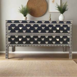 Commode et armoire de rangement de luxe en bois massif noir avec incrustations d'os, 3 tiroirs, motif floral traditionnel fait main, pour chambre à coucher - Product Image 3
