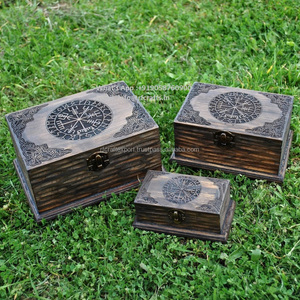Viking Set of 3 Box Religious Style Themed the Helm of Aegishjalmar Runes Made of Teak <b>Wood</b> for Business <b>Gifts</b> - Product Image 1