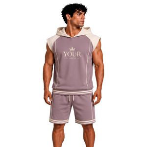 Customized Mens Dusty Mauve <b>Sleeveless</b> Hooded Tracksuit Set Custom Logo Gym Fitness Training Sports <b>Hoodie</b> And Shorts Activewear - Product Image 1