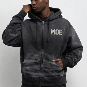 Sweat à capuche personnalisé vintage délavé effet soleil pour homme, fabrication OEM, coupe oversize, épais, 100 % coton, avec fermeture éclair et strass, idéal pour l'hiver - Product Image 5