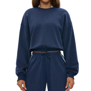 Sweat-shirt pour femme bleu marine à col rond, manches longues, coupe décontractée, couleur unie, 100% coton, à porter toute l'année - Product Image 1