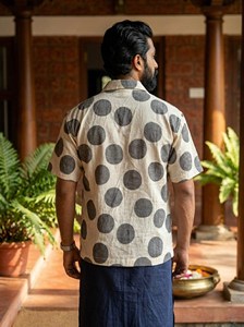 Artisan Handcrafted Men’s <b>Half</b> Sleeve Cotton <b>Shirt</b> with Bold Charcoal Grey Polka Dot Print Ethical Fashion for Modern Men - Product Image 3