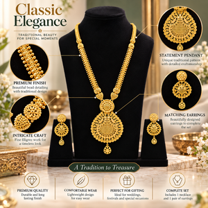 Conjunto de Collar Largo y Pendientes de Cobre y Latón con Baño de Oro de 24K, Colgante en Forma de Lágrima, Joyería India para Novias y Fiestas - Product Image 5