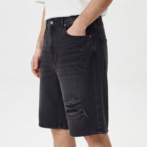Shorts en jean déchirés noirs délavés pour hommes, style décontracté d'été, avec boutons à la taille - Product Image 5