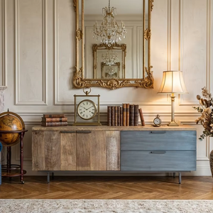 Mueble para TV Dexter de Madera Maciza de Teca, 2 Cajones, Estilo Minimalista, Acabado Natural, Moderno, para Dormitorio o Sala de Estar - Product Image 2