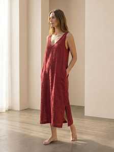 Vestido midi de lino sin mangas con cuello en V, corte holgado, color liso, dobladillo con abertura, vestido casual de verano, tela tejida transpirable - Product Image 6