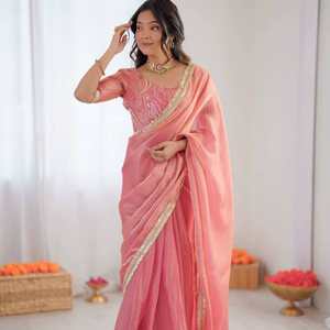Satrani Women's Shimmer Tissue <b>Gota</b> Lace Ready To Wear Saree with Unstitched Blouse Piece - Product Image 1