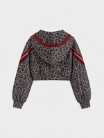 Setelan Olahraga Wanita 2 Potong Motif Leopard Grafit, Hoodie Pendek & Celana Kaki Lebar, Streetwear Kasual untuk Wanita
