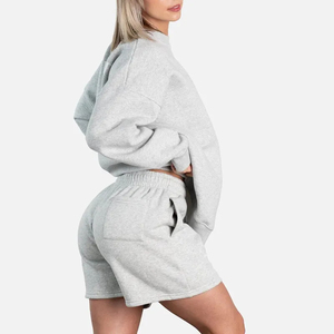 Conjunto de 2 piezas de ropa de casa unisex de invierno: Sudadera con cuello redondo y pantalones cortos, jersey oversize gris jaspeado, sudadera con capucha Cleanfit de algodón con cremallera - Product Image 4