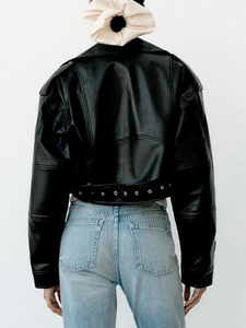 Custom Women Cropped <b>Black</b> Leather Biker <b>Jacket</b> Slim Fit Motorcycle <b>Jacket</b> Belted Punk Streetwear Fashion Outerwear For Unisex - Product Image 4