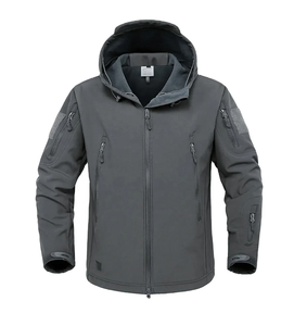 Veste polaire à capuche pour homme, coupe-vent, style vêtements de travail d'hiver, fermeture éclair, noir uni, coupe droite - Product Image 4