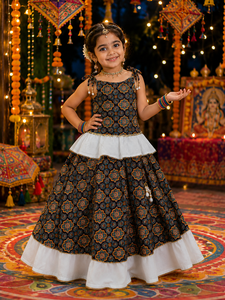 Festive Printed Cotton Girls Lehenga Choli Outfit With Rayon Border Soft Cotton Lining Traditional Kids Celebration Apparel - Product Image 1